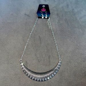 Rhinestone Silver and Brushed Silver Tone Earrings and Necklace Set-